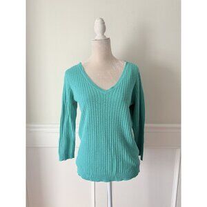 Brora NWT Blue V Neck Knit Cotton Linen Sweater US6 UK10 M Porcelain